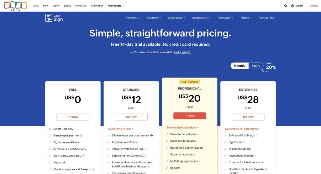 Zoho Sign Pricing