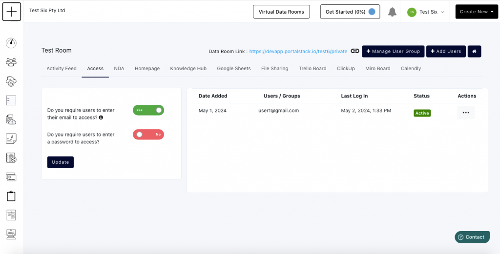 screenshot of Portalstack's virtual data room