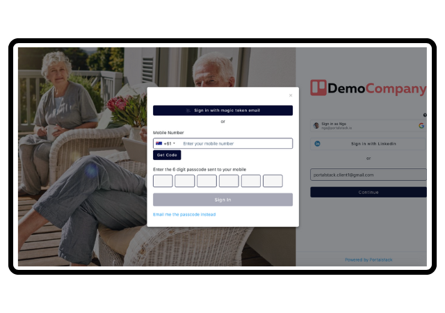 client logging into portalstack file sharing portal using either magic link or pin code sent to their phone