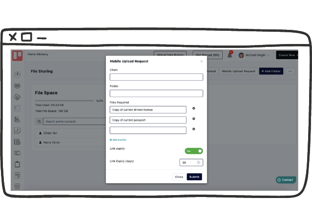 creating a request to collect files in Portalstack